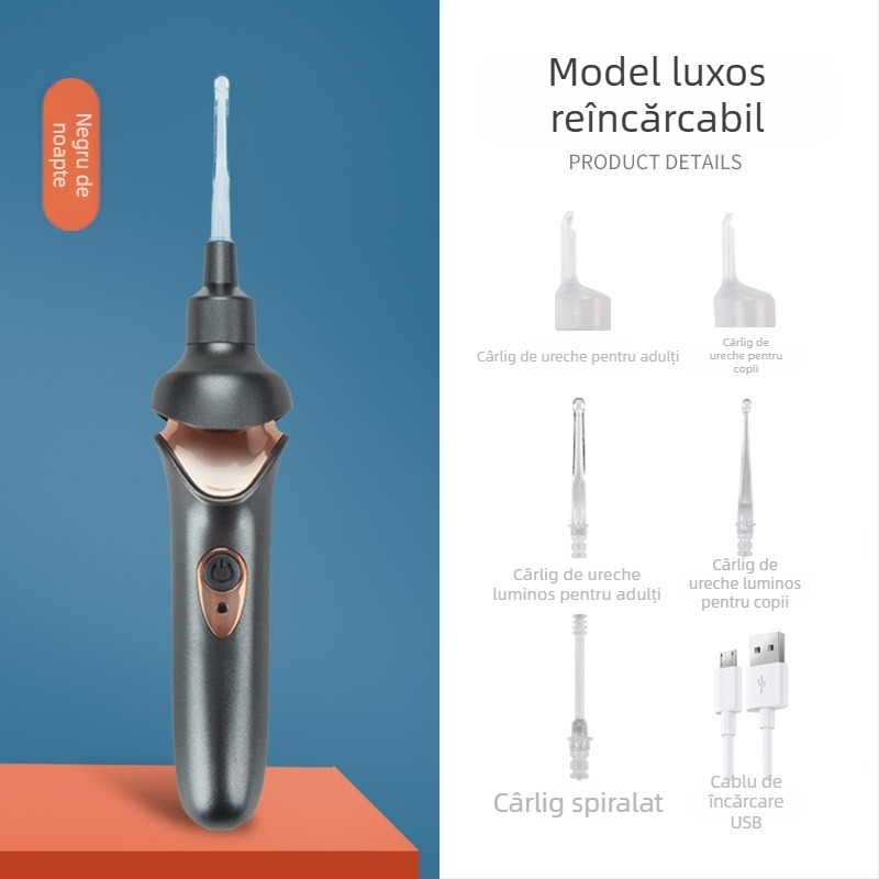 Lingură electrică pentru urechi cu aspirație pentru cerumen, curățare delicată, luminoasă, pentru copii, cu cataramă de siguranță