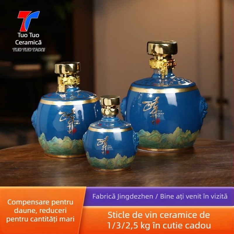 Sticlă ceramică goală pentru băuturi spirtoase, cutie cadou albastră, sigilată pentru uz casnic, cu design Drunken Rivers and Mountains