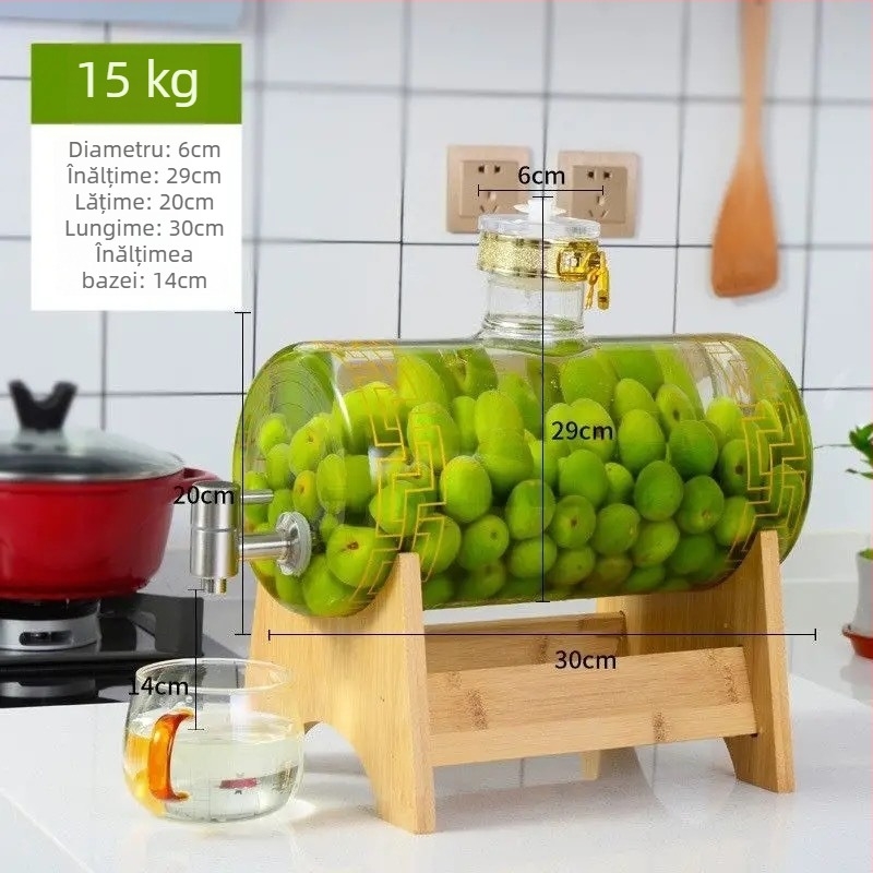 Baril orizontal din sticlă borosilicat pentru uz casnic, recipient sigilat cu robinet