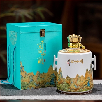 Ceramică Jingdezhen: Stil chinezesc nou, sticlă albă goală pentru vin, borcan de vin și oală de vin în cutie cadou, ornament cu motivul O mie de mile de râuri și munți