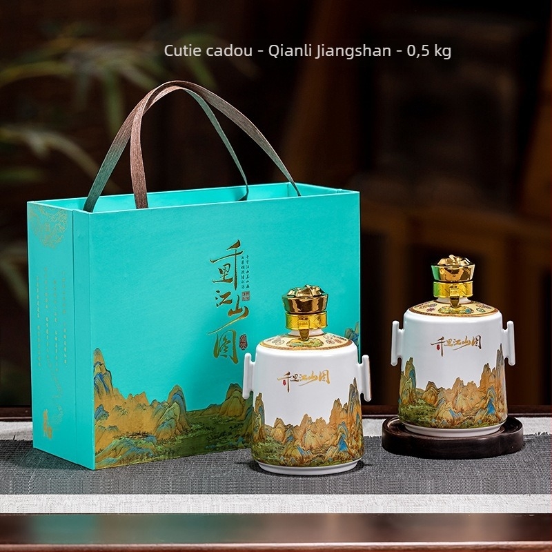 Ceramică Jingdezhen: Stil chinezesc nou, sticlă albă goală pentru vin, borcan de vin și oală de vin în cutie cadou, ornament cu motivul O mie de mile de râuri și munți