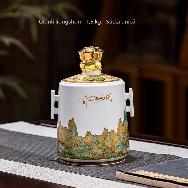 Ceramică Jingdezhen: Stil chinezesc nou, sticlă albă goală pentru vin, borcan de vin și oală de vin în cutie cadou, ornament cu motivul O mie de mile de râuri și munți