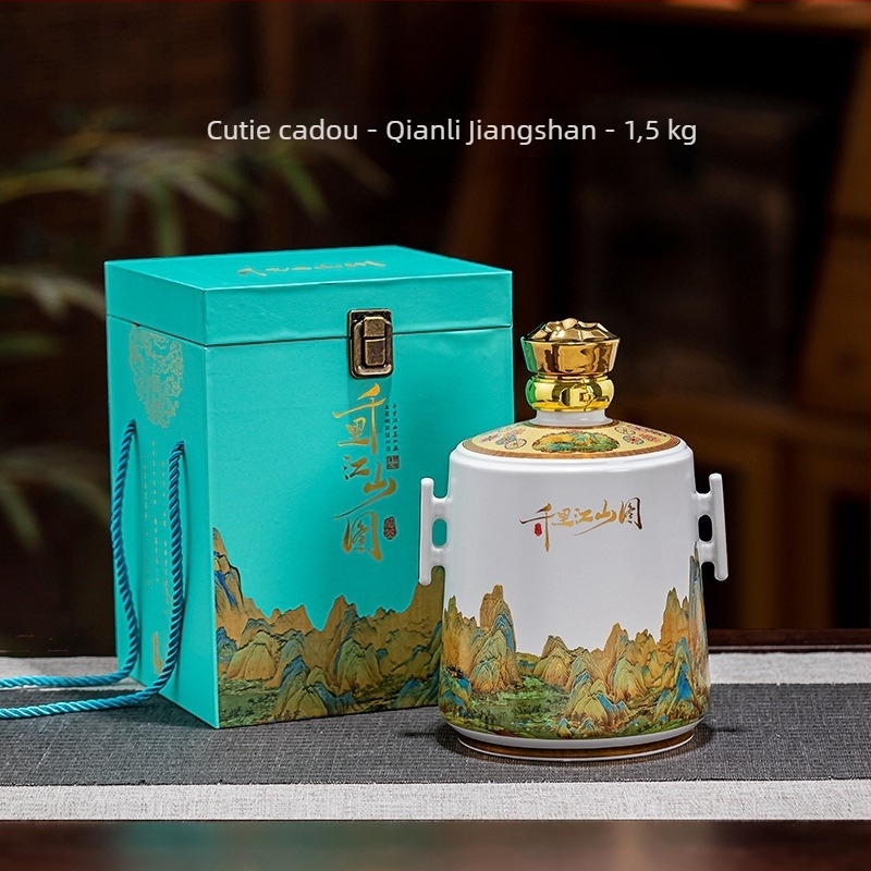 Ceramică Jingdezhen: Stil chinezesc nou, sticlă albă goală pentru vin, borcan de vin și oală de vin în cutie cadou, ornament cu motivul O mie de mile de râuri și munți