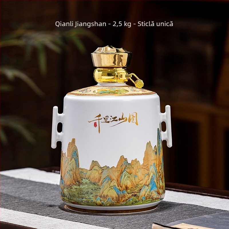 Ceramică Jingdezhen: Stil chinezesc nou, sticlă albă goală pentru vin, borcan de vin și oală de vin în cutie cadou, ornament cu motivul O mie de mile de râuri și munți