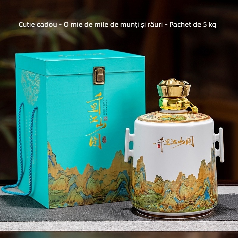 Ceramică Jingdezhen: Stil chinezesc nou, sticlă albă goală pentru vin, borcan de vin și oală de vin în cutie cadou, ornament cu motivul O mie de mile de râuri și munți