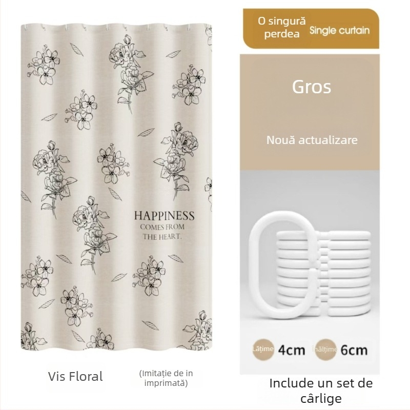 Cortină de duș premium, impermeabilă și rezistentă la mucegai pentru separarea băii, montaj fără găuri, material imitatie de in, model cu flori și viță