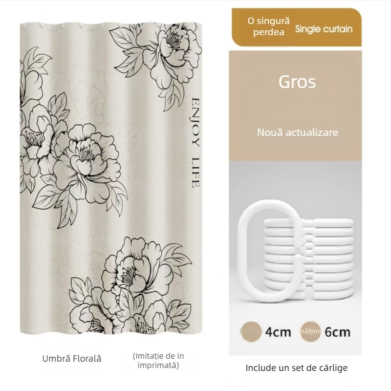 Cortină de duș premium, impermeabilă și rezistentă la mucegai pentru separarea băii, montaj fără găuri, material imitatie de in, model cu flori și viță