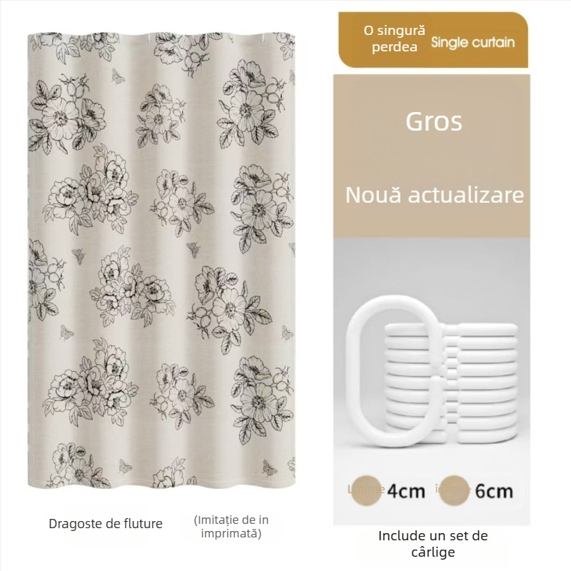 Cortină de duș premium, impermeabilă și rezistentă la mucegai pentru separarea băii, montaj fără găuri, material imitatie de in, model cu flori și viță