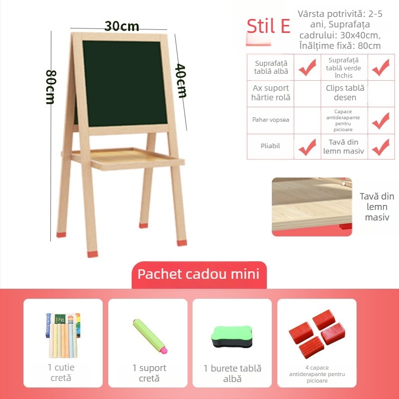 Tabla mică din lemn pentru învățarea acasă — tablă de scriere și desen, cu cretă, suport magnetic pentru copii