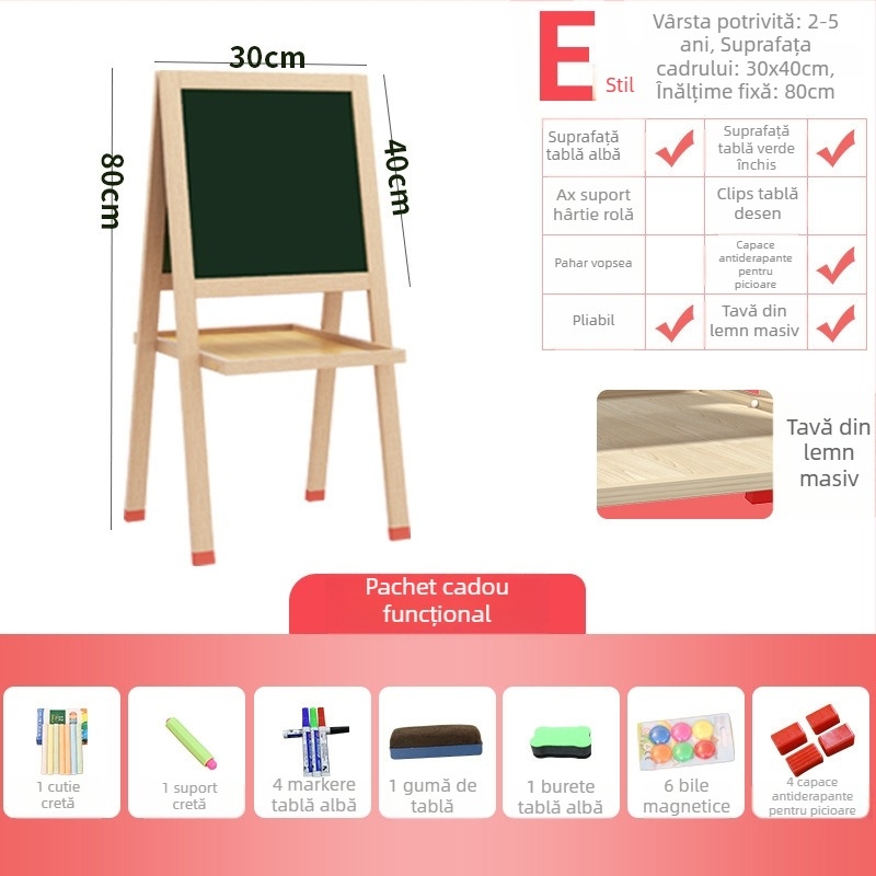 Tabla mică din lemn pentru învățarea acasă — tablă de scriere și desen, cu cretă, suport magnetic pentru copii