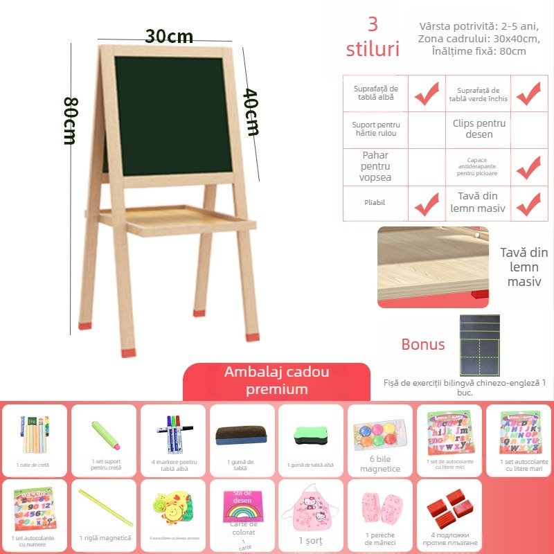 Tabla mică din lemn pentru învățarea acasă — tablă de scriere și desen, cu cretă, suport magnetic pentru copii