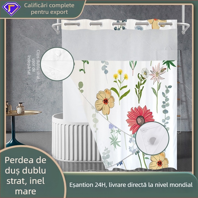 Curtă de duș impermeabilă din poliester, dublă, imprimare floral digitală, țesătură Chunya, personalizabilă cu imaginea furnizată