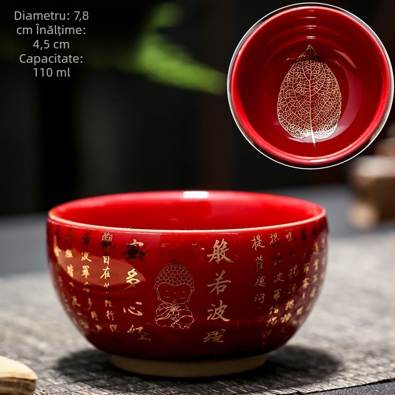 Ceainic ceramic Prajna Heart Sutra, Jianzhan, design Zen cu frunze din lemn, glazură negru-auriu