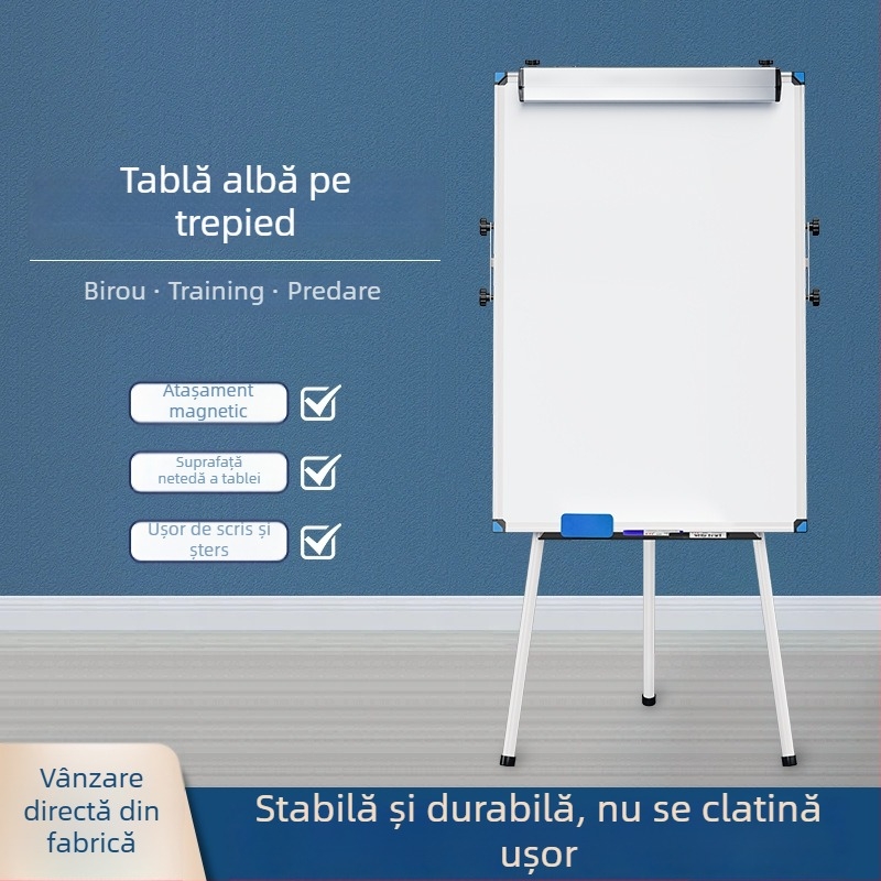 Tablă albă magnetică, cu două fețe, pe suport cu trei picioare, pentru birou, întâlniri și instruire