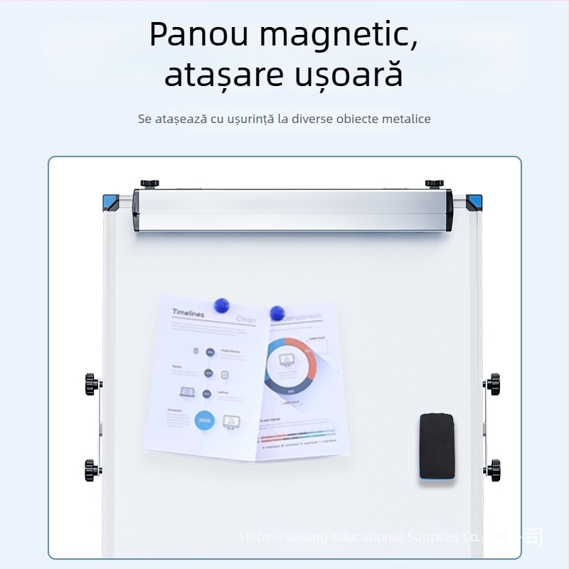 Tablă albă magnetică, cu două fețe, pe suport cu trei picioare, pentru birou, întâlniri și instruire