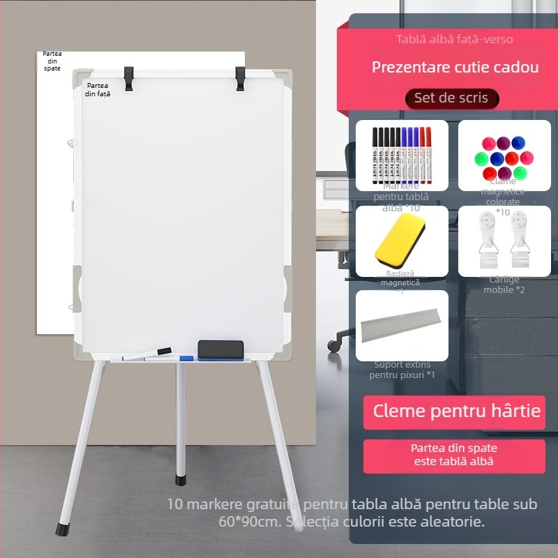 Tablă albă magnetică, cu două fețe, pe suport cu trei picioare, pentru birou, întâlniri și instruire
