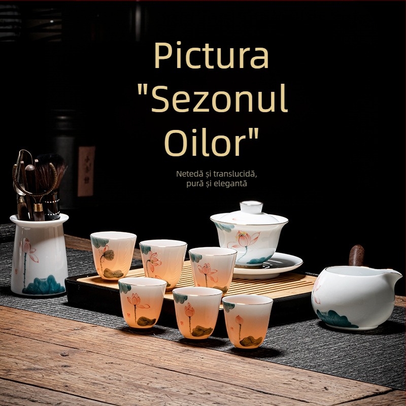 Set de ceai Kung Fu pictat manual, pentru uz casnic, ceainic din porțelan, gaiwan din jad cu capac și cești de ceai într-o cutie cadou