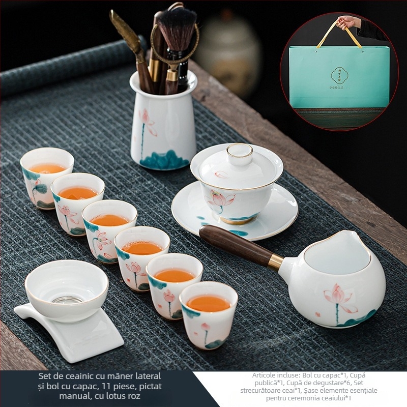 Set de ceai Kung Fu pictat manual, pentru uz casnic, ceainic din porțelan, gaiwan din jad cu capac și cești de ceai într-o cutie cadou