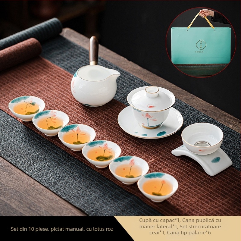 Set de ceai Kung Fu pictat manual, pentru uz casnic, ceainic din porțelan, gaiwan din jad cu capac și cești de ceai într-o cutie cadou