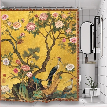 Cortină de duș vintage pentru baie, cu flori și artă vegetală chineză, poliester impermeabil, cu cârlige