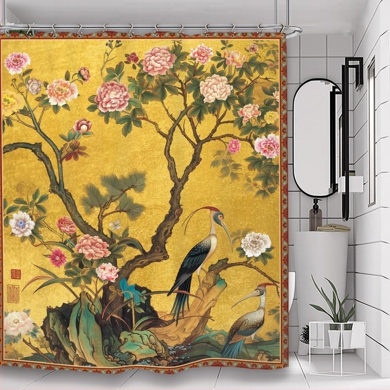 Cortină de duș vintage pentru baie, cu flori și artă vegetală chineză, poliester impermeabil, cu cârlige