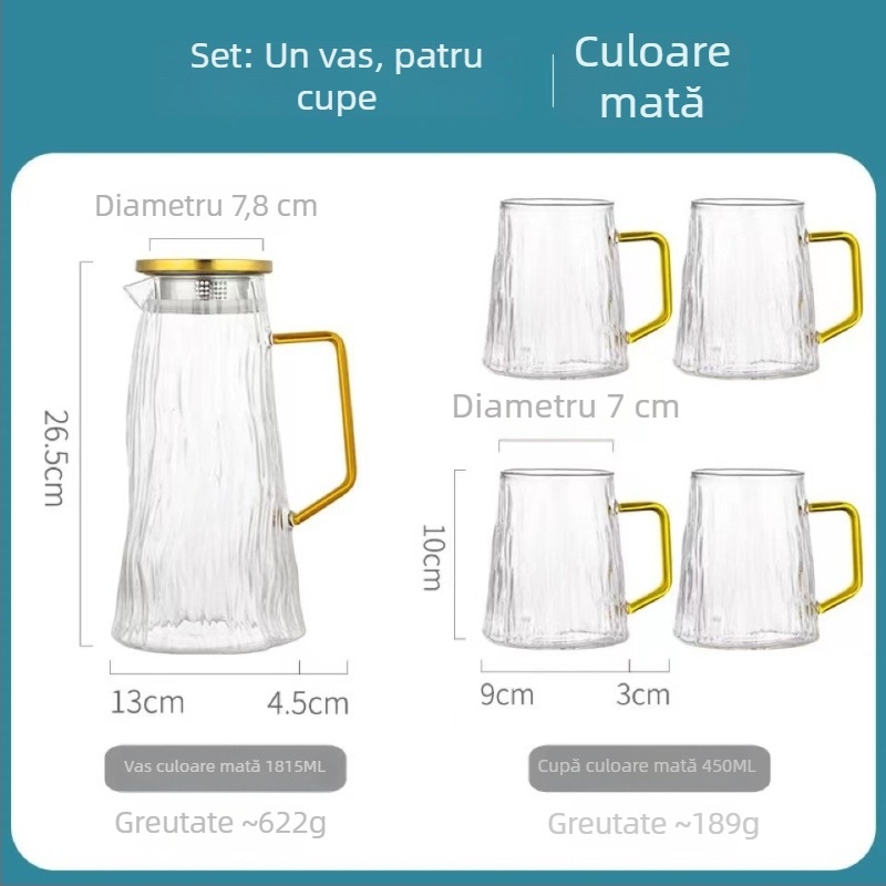 Set din sticlă pentru apă rece, cu cană și pahare, model glaciar, capacitate mare, cană pentru suc și ceai de fructe pentru infuzie rece