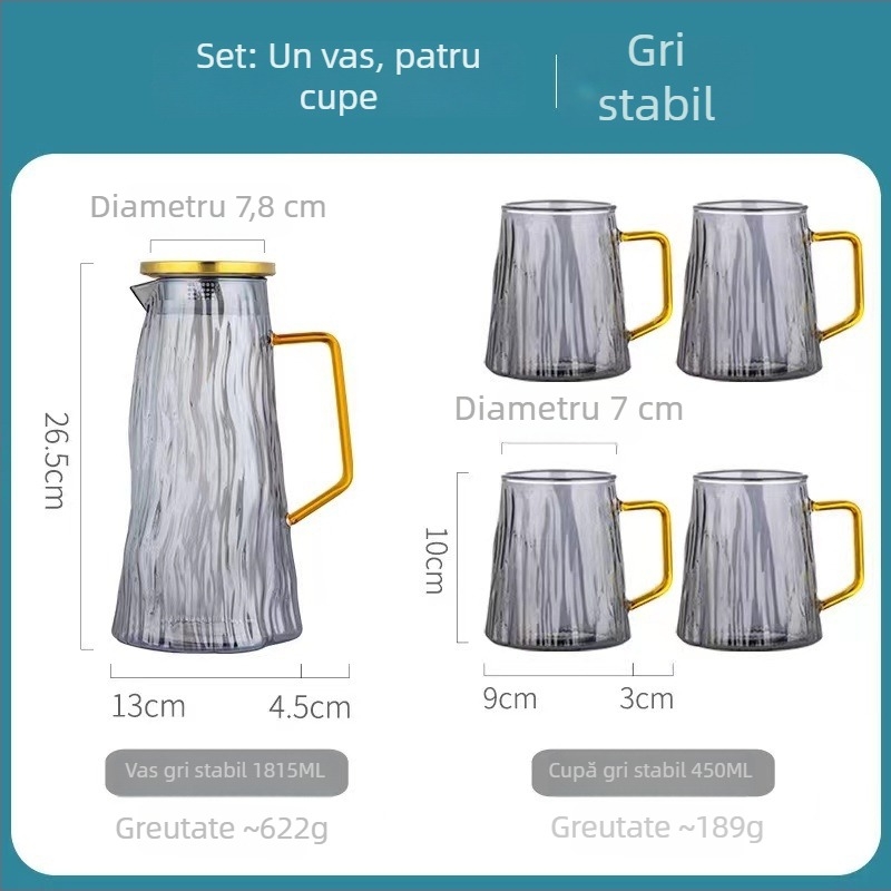 Set din sticlă pentru apă rece, cu cană și pahare, model glaciar, capacitate mare, cană pentru suc și ceai de fructe pentru infuzie rece
