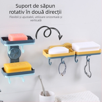 Suport creativ pentru săpun rotativ, fără găuri, cu două niveluri și drenaj, montat pe perete pentru baie