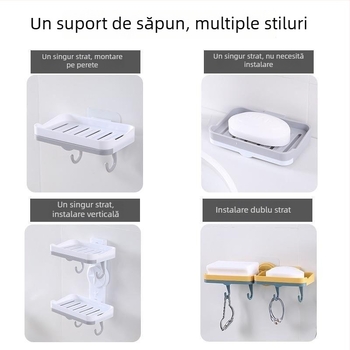 Suport creativ pentru săpun rotativ, fără găuri, cu două niveluri și drenaj, montat pe perete pentru baie