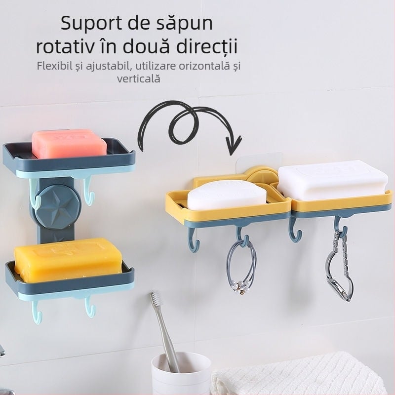Suport creativ pentru săpun rotativ, fără găuri, cu două niveluri și drenaj, montat pe perete pentru baie