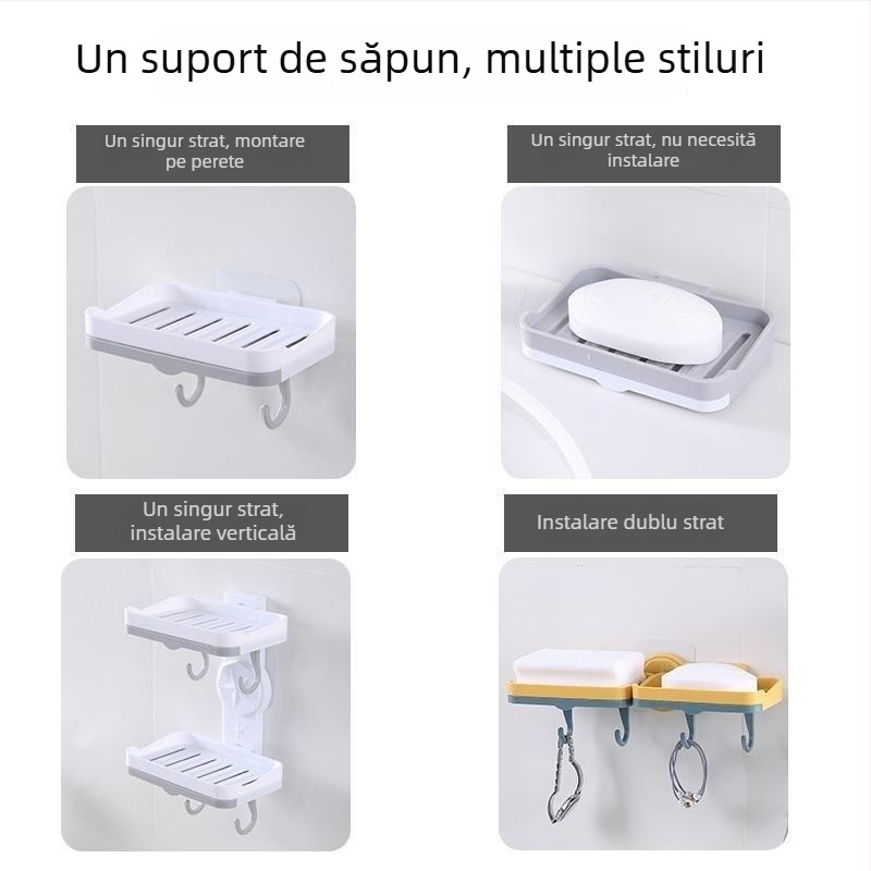 Suport creativ pentru săpun rotativ, fără găuri, cu două niveluri și drenaj, montat pe perete pentru baie