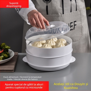Aburitor pentru cuptorul cu microunde, recipient de abur din material alimentar, robust, cu capac, pentru aburirea chiflelor și gălușelor
