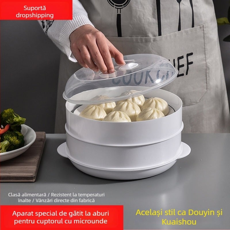 Aburitor pentru cuptorul cu microunde, recipient de abur din material alimentar, robust, cu capac, pentru aburirea chiflelor și gălușelor