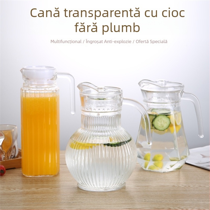 Cană din sticlă cu gură de robinet în formă de cioc de rață, transparentă, mare capacitate, design îngroșat, pentru apă rece și sucuri, dungi verticale
