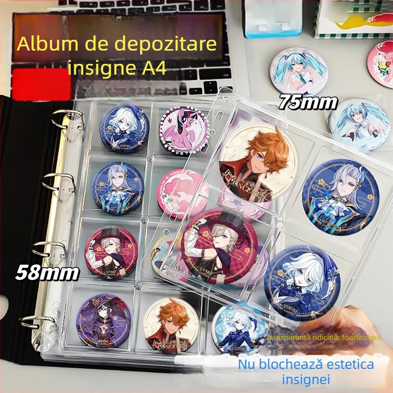 Album pentru păstrarea insignelor, insigne rotunde de 58 mm și 75 mm, mapă cu foi detașabile pentru colecții anime și manga