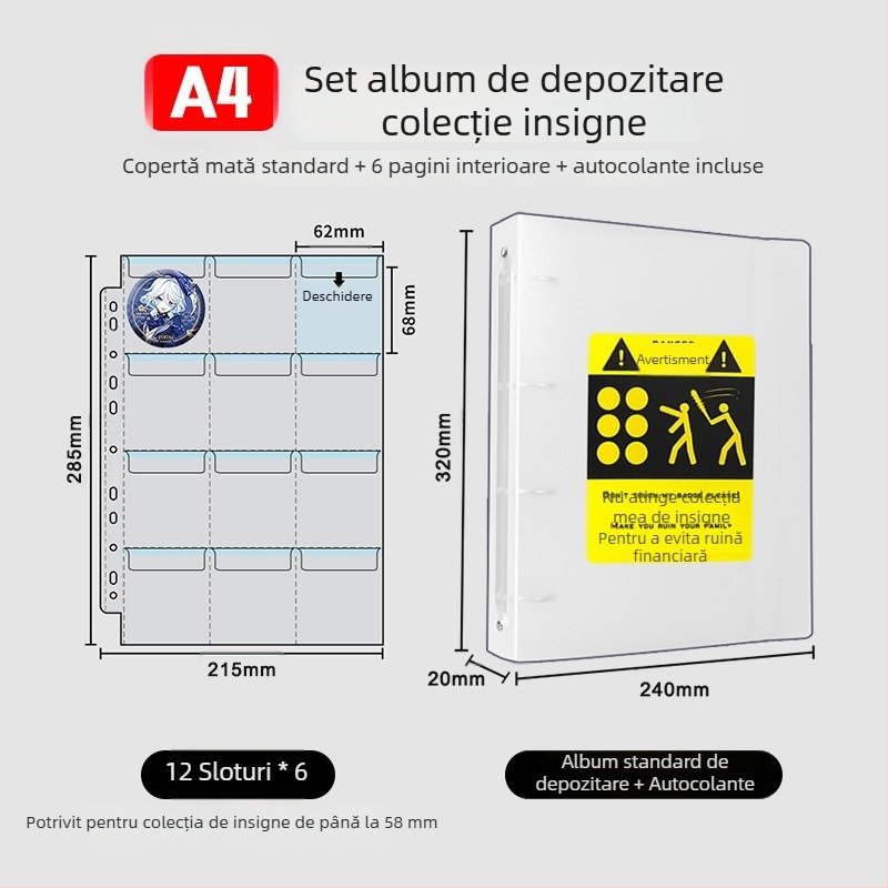 Album pentru păstrarea insignelor, insigne rotunde de 58 mm și 75 mm, mapă cu foi detașabile pentru colecții anime și manga