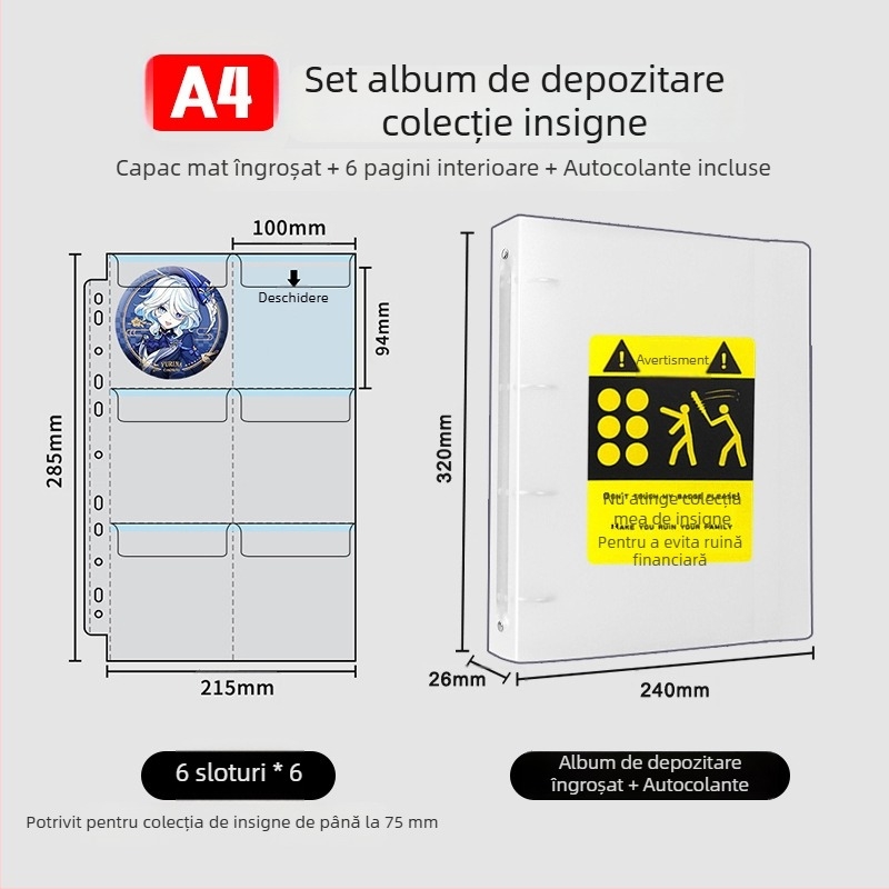 Album pentru păstrarea insignelor, insigne rotunde de 58 mm și 75 mm, mapă cu foi detașabile pentru colecții anime și manga