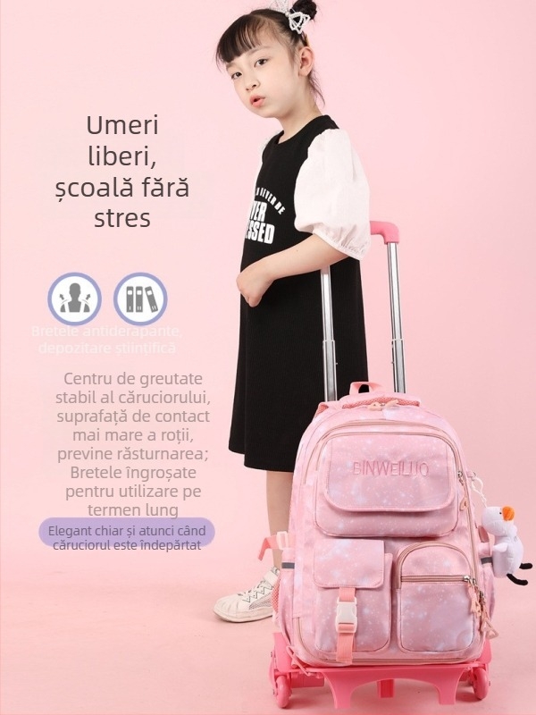 Rucsac cu rotile pentru elevi din învățământul primar, deschidere frontală în stil frigider, model cu stele, cu mai multe compartimente