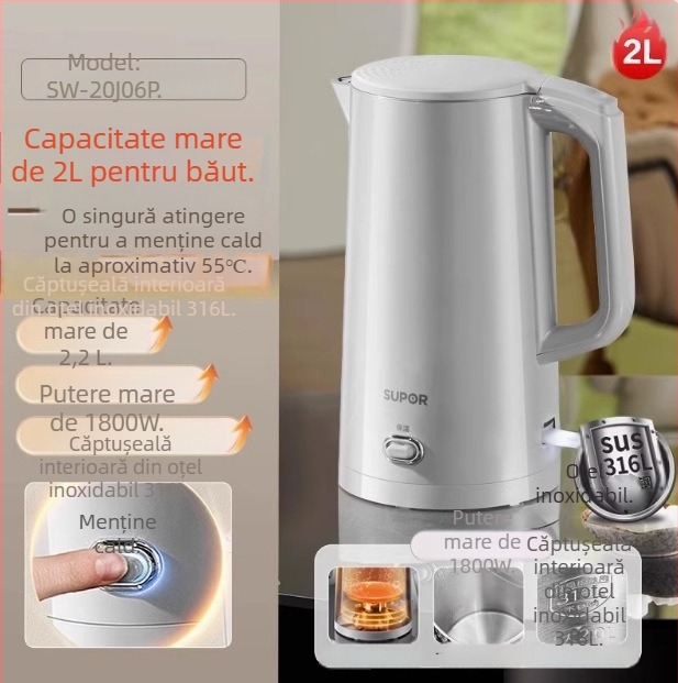 Supor Fierbător electric din oțel inoxidabil 2,2 L, cu izolație și oprire automată