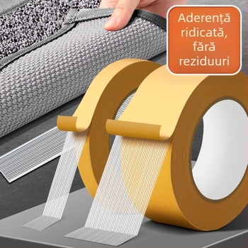 Bandă dublu adezivă cu model grilă, bază din țesătură, aderență puternică, impermeabilă, transparentă, fără urme la montarea covorului.