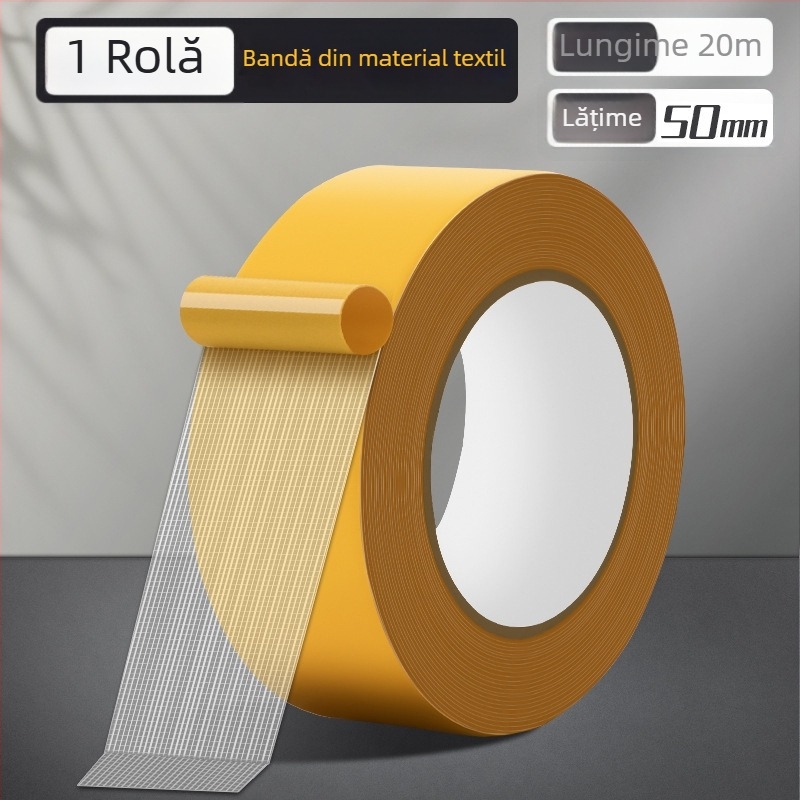 Bandă dublu adezivă cu model grilă, bază din țesătură, aderență puternică, impermeabilă, transparentă, fără urme la montarea covorului.