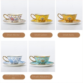 Set cești de cafea din porțelan albastru‑alb, ceramică în stil european, finisaj emailat, model floral, lux discret