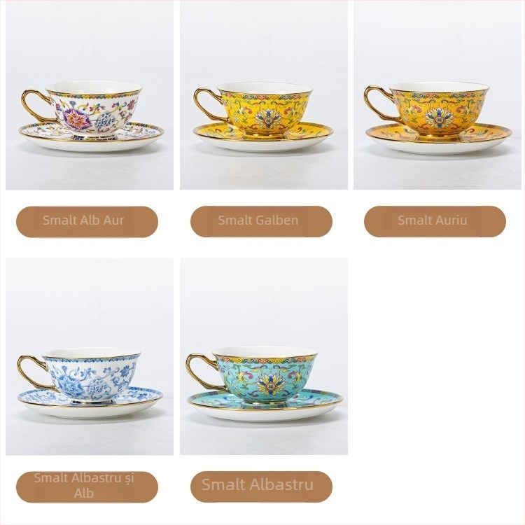 Set cești de cafea din porțelan albastru‑alb, ceramică în stil european, finisaj emailat, model floral, lux discret
