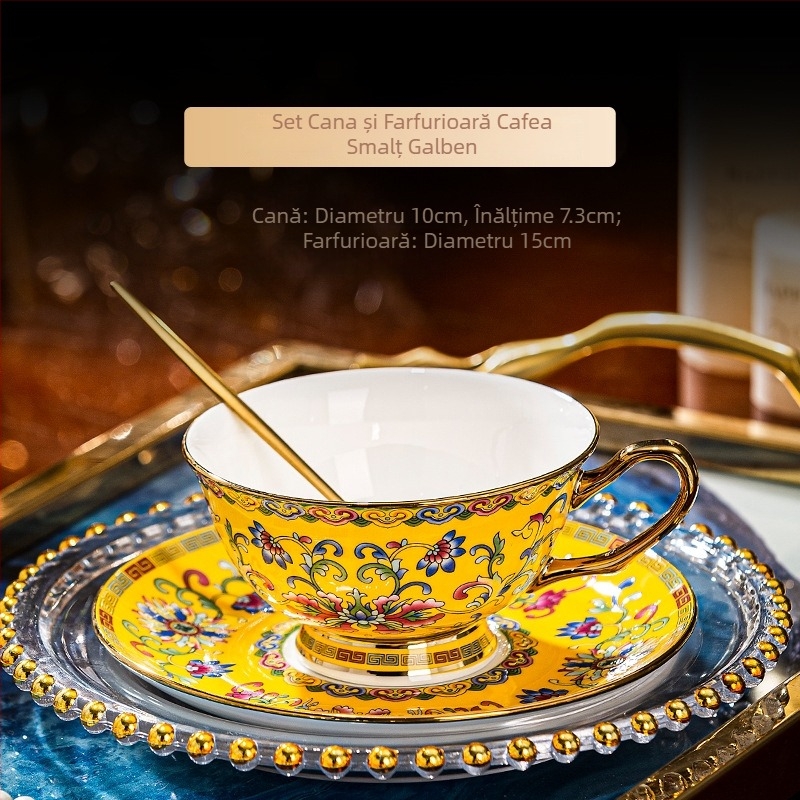 Set cești de cafea din porțelan albastru‑alb, ceramică în stil european, finisaj emailat, model floral, lux discret