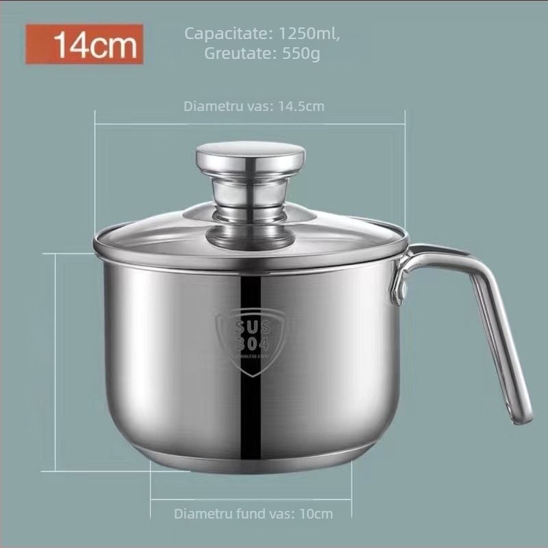 Mini oală pentru lapte din oțel inoxidabil 304, fund gros, oală mică pentru supe și tăiței, mâncare pentru sugari, diametru 14–16 cm, capac din sticlă