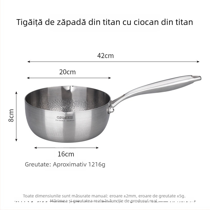Tigaie titan-otel cu model ciocănit, pentru mâncare de bebeluși, mic vas pentru prăjit și fiert, fără strat, capac din sticlă, model D8002