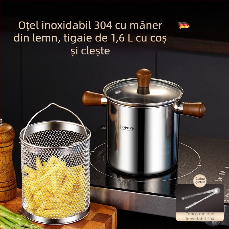 Oală de prăjit din oțel inoxidabil 304 cu strecurătoare, vas adânc de prăjit compact pentru uz casnic