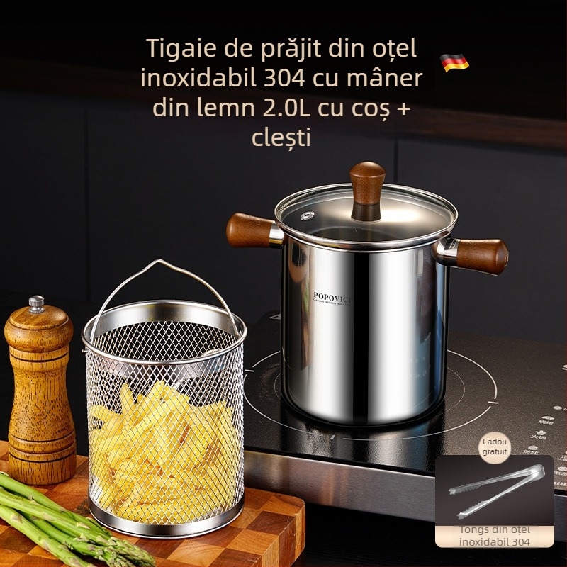 Oală de prăjit din oțel inoxidabil 304 cu strecurătoare, vas adânc de prăjit compact pentru uz casnic