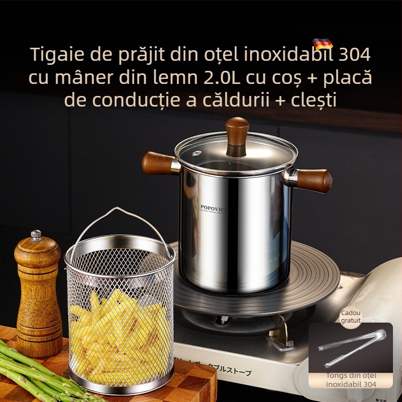 Oală de prăjit din oțel inoxidabil 304 cu strecurătoare, vas adânc de prăjit compact pentru uz casnic