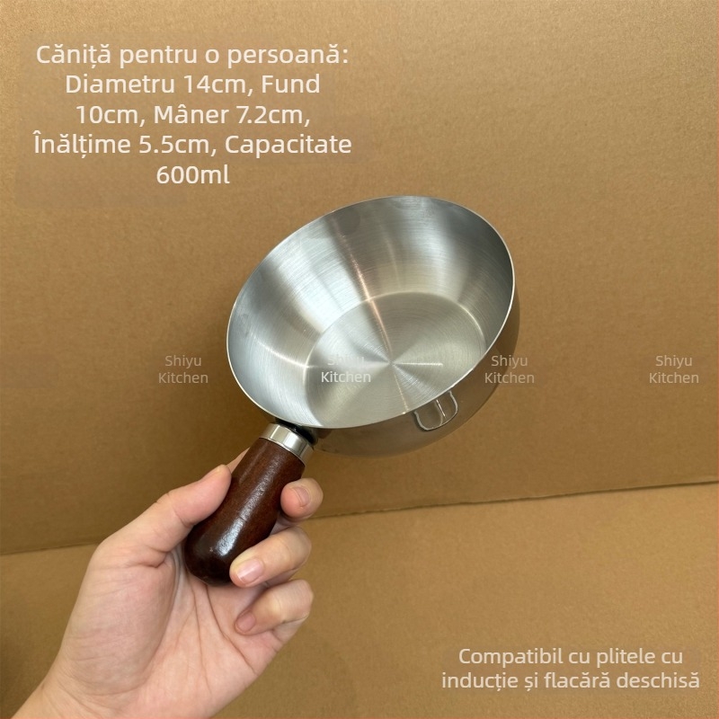 Oală Yukihira din oțel inox 304 pentru o singură persoană, compatibilă cu plita cu inducție, mic vas pentru uz casnic, pentru fierberea tăițeilor și încălzirea laptelui, antiaderent, vas pentru hrana bebelușilor